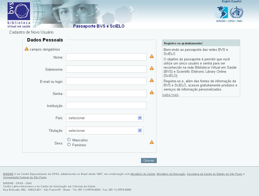 Detalhe do formulário de solicitação de cadastro nas Redes BVS e SciELO